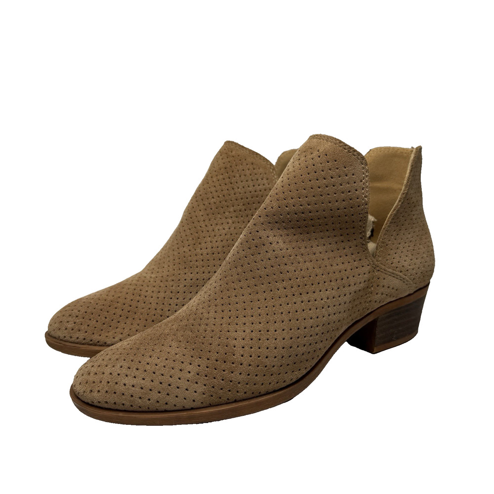 Lucky Brand Perforated Ankle Boots Womens Size 7 M‎ Tan Suede Slip On Block Heel